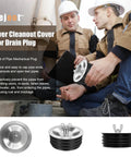2 Pack 4 Inch Sewer Cleanout Cap Cover For Most Pipe Ends In Sinks And Pools Mechanical Steel Expansion Plug With Durable Rubber Gasket Floor Drain Cap For PVC Pipes End Cap For Sewer Cleanouts shown with workers