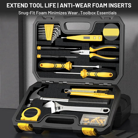 Tool case with yellow and black tools in dual thickness foam insert kit for tool drawers and game cases.