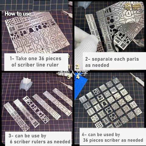 Hella Durable 36 Piece Stainless Steel Hobby Detailing Set With Slick Carving Rulers Scribe Markers and Top Shelf Drill Hole Stencils for Scale Gundam and Military Model Kits Crafting in use.