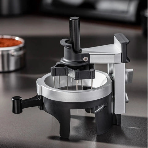 Keep Your Shots Tight And Even With This Rotary Espresso Distributor And Leveler Tool Featuring 12 Pin Clump Breakers adjustable rotary espresso tool.