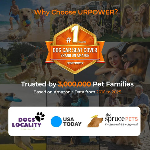 #1 Dog Car Seat Cover Brand on Amazon with trusted reviews and testimonials, featuring happy dogs and families using the cover.