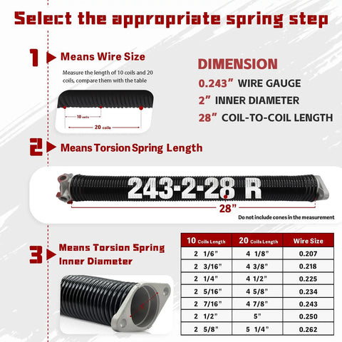 Guide to selecting Heavy Duty Garage Door Torsion Spring Set 0.243 Inch Wire, 2 Inch ID, 28 Inch Length for 7 or 8 foot doors.