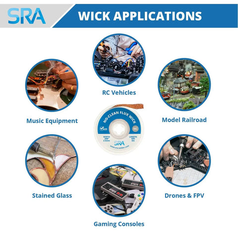 Flat Woven Copper Desoldering Wick With No Clean Flux For Easy Damage Free Solder Removal 3 Pack 10 Foot Solder Wick Spools Desoldering Braid Pro Grade For Electronics Repair applications shown: music equipment, RC vehicles, model railroad, stained glass, gaming consoles, drones & FPV.
