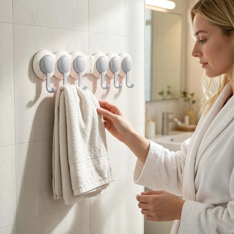 Heavy Duty Six Hook Adhesive Wall Rack With Smooth 180 Degree Swivel And Easy No Drill Mount ideal for stashing towels in a bathroom.