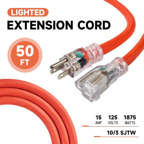 50 Foot Lighted Outdoor Extension Cord With 10 Gauge 3 Conductor SJTW Orange Heavy Duty Cable Grounded 3 Prong Plug LED Indicator On End UL Listed
