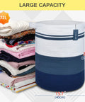 Oversized Cotton Rope Laundry Hamper Tall Stand Up Basket For Nursery Storage, gradient blue, with folded clothes, 15.7x21.7 in