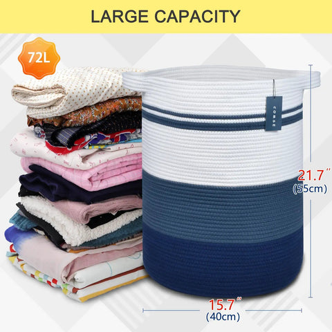 Oversized Cotton Rope Laundry Hamper Tall Stand Up Basket For Nursery Storage, gradient blue, with folded clothes, 15.7x21.7 in