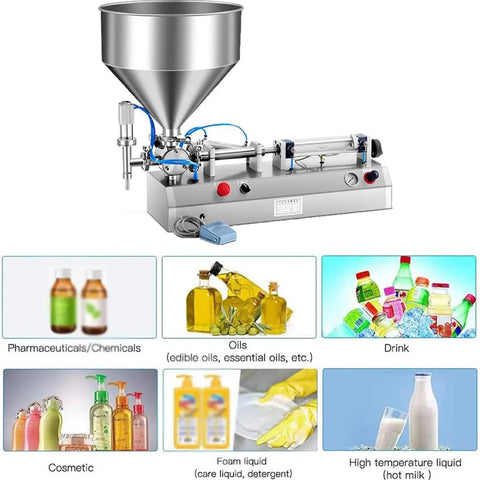 Badass Heavy Duty Smooth Running Horizontal Pneumatic Liquid Filling Machine With 30L Hopper For Perfume Beverage Paste Production In Small Biz Shops At 1000Ml, showcasing various liquid filling applications.