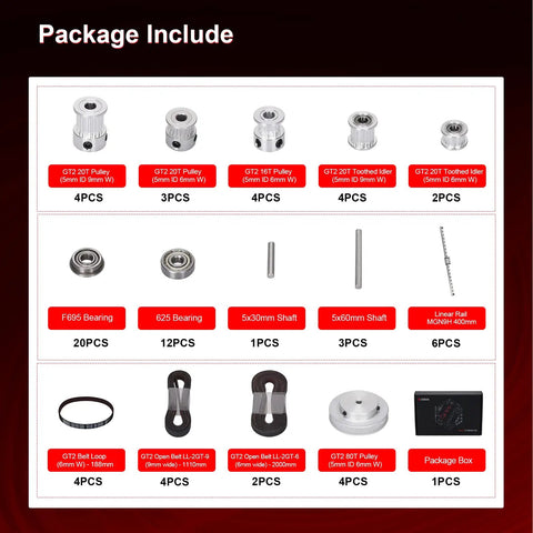 Dope Motion Kit For 2.4 3D Printer With GT2 Belts, MGN9H 400mm Rails, Pulleys, Bearings, Shafts, and Package Contents Display
