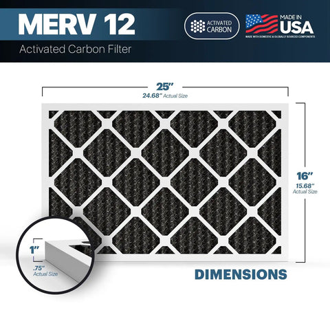 Odor Defense MERV 12 Air Filter 16x25x1 with Activated Carbon, USA made, showing dimensions for AC, furnace, HVAC systems.