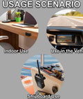 Universal Ham Radio Hanger Mount with adhesive and pre-drill holes shown in car, home, and boat setups with walkie talkie.
