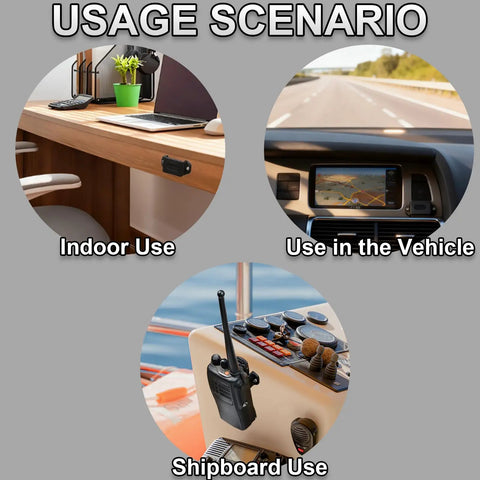 Universal Ham Radio Hanger Mount with adhesive and pre-drill holes shown in car, home, and boat setups with walkie talkie.