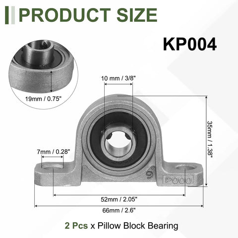 Two Pack KP000 Pillow Block Bearing Set Self Aligning Flange Mount Three Eighths Inch Shaft Size 10mm Inner Diameter Zinc Alloy Steel Body
