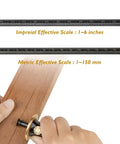 Top Shelf Wheel Marking Gauge with Precision Rolling Cutter, showing dual Imperial and Metric scales on wood.