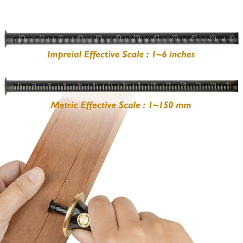 Top Shelf Wheel Marking Gauge with Precision Rolling Cutter, showing dual Imperial and Metric scales on wood.