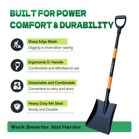 Heavy Duty Steel Flat Shovel With Detachable D Handle And Anti Slip Grip 47 Inch Square Head Shovel, ergonomic and durable.