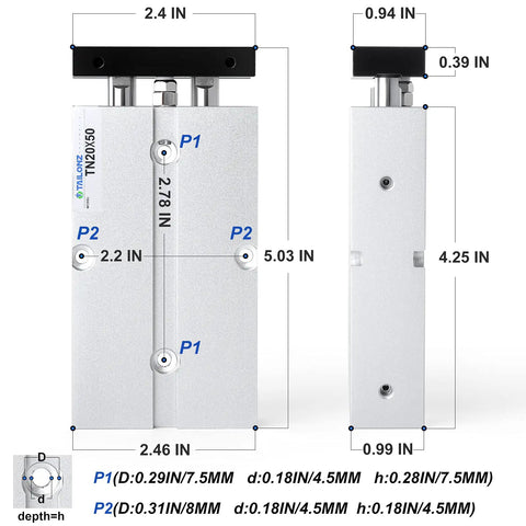 20mm Bore 50mm Stroke Double Rod Double Acting Heavy Duty Aluminum Pneumatic Air Cylinder With PT1/8 Port shown with dimensions.