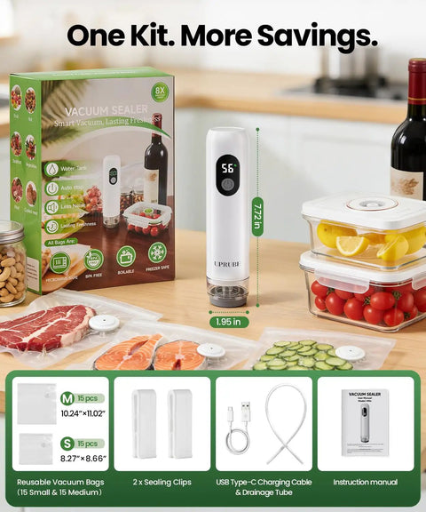Compact Food Vacuum Sealer With LED Display And Liquid Drainage Tube, includes bags and accessories in kitchen setting.