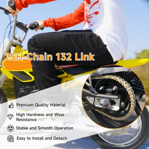 Heavy Duty 132 Link 25H Drive Chain for Razor MX Series Dirt Bikes and Mini Motocross Rigs in use on a bike