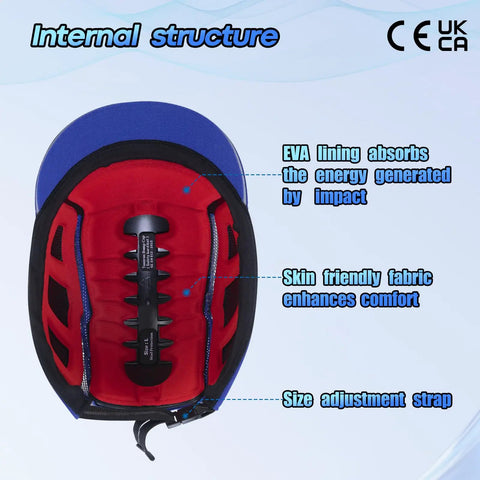 Inside view of Lightweight Bump Cap With Reflective Stripes, Breathable Baseball Cap Style Head Protection Hat For Men And Women, ABS Shell EN 812 Certified, Black With Light, Large, showing EVA lining and size adjustment strap.