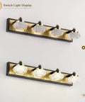 Sleek 4 Light Dimmable Bathroom Vanity Light Fixture Over Mirror, Modern LED Acrylic Wall Lights In Black And Gold, 26 Inch Long, 4000K Neutral White, 20W, 110V AC shown in on and off modes.