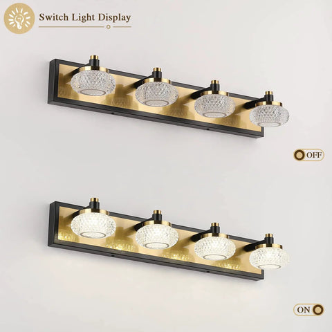 Sleek 4 Light Dimmable Bathroom Vanity Light Fixture Over Mirror, Modern LED Acrylic Wall Lights In Black And Gold, 26 Inch Long, 4000K Neutral White, 20W, 110V AC shown in on and off modes.