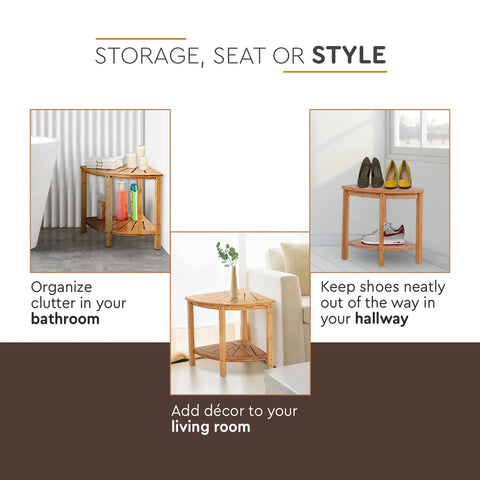 Corner Bamboo Shower Bench With Storage Shelf, 2 Tier Wood Seat, Non Slip Feet used for bathroom, hallway, living room.