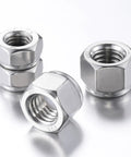 Top Shelf 1/4-20 Nylon Insert Hex Lock Nuts 304 Stainless Steel Self Locking Fasteners close-up of multiple nuts on white background
