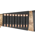 Elastic Rifle Shell Buttstock Holder for 9 Rounds on camo rifle with polyester webbing and clip-on attachment