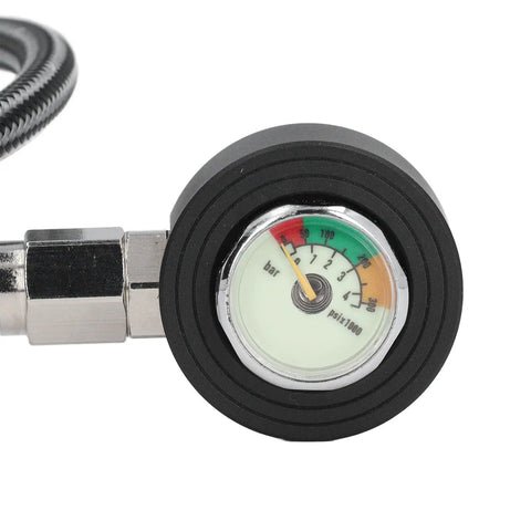Close-up of Night Glow Submersible Diving Pressure Gauge with 360 Degree Rotatable Readout and Pro Grade Performance 65cm High Pressure Hose