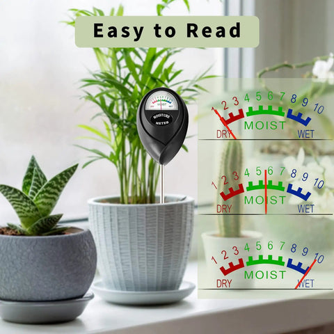 Extended Twelve Point Six Inch Soil Moisture Meter Probe 2 Pack for Indoor Outdoor Plant Care displayed in pot with gauge readings