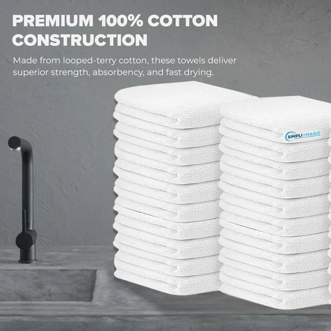 60 Pack Cotton Terry Towels 14 By 17 Inches Highly Absorbent Cleaning Rags For Kitchen Bar And Restaurant Use Durable White Commercial Grade Ideal For Dishwashing Mopping And General Commercial Cleaning stacked by a sink