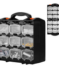 Double-Sided Parts Organizer Box With Eighteen Removable Bins Portable Screw And Hardware Storage Case For Nuts Bolts Nails Washers Small Parts And DIY Pro Projects showing front view with mixed hardware in plastic compartments