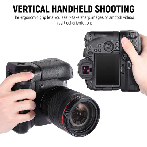 Battery Grip Upgrade For BG R10 For Canon EOS R5 R5C R6 R6 Mark II Mirrorless Cameras shown with lens, ergonomic grip focus