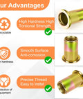 Beefed Up Metric Rivet Nut Assortment Kit 105 Pieces Stainless Steel Rivet Nuts M3-M8 shown with advantages like strength and smooth surface.
