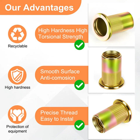 Beefed Up Metric Rivet Nut Assortment Kit 105 Pieces Stainless Steel Rivet Nuts M3-M8 shown with advantages like strength and smooth surface.