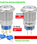 Beefy 19mm Key Switch With 2 Position DPDT Latching Mechanism, 2NO 2NC, Stainless Steel Rotary Lock, Keys, Copper Plated Gold Pins