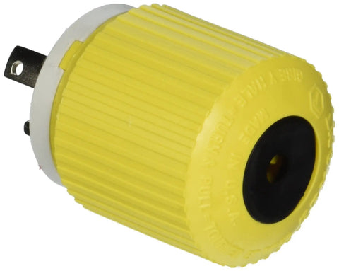 Locking Plug 30A 28 VDC with Beefy Nylon Housing and Rear Dust Seal Yellow Marine Grade Electrical Connector, angled view.