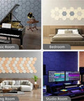 No Mess Peel And Stick Acoustic Foam Panels 5 Pack Self Adhesive Sound Damping Wall Tiles For Home Studio in four room settings.