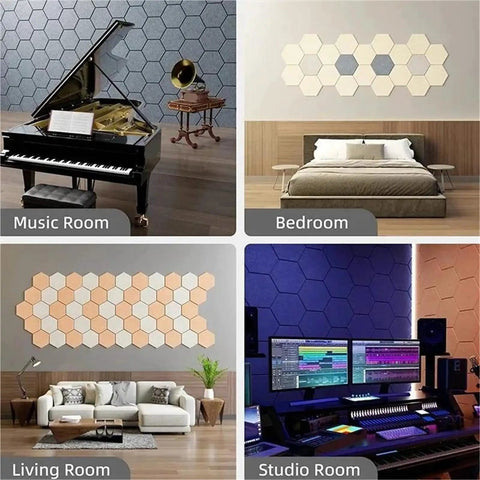 No Mess Peel And Stick Acoustic Foam Panels 5 Pack Self Adhesive Sound Damping Wall Tiles For Home Studio in four room settings.