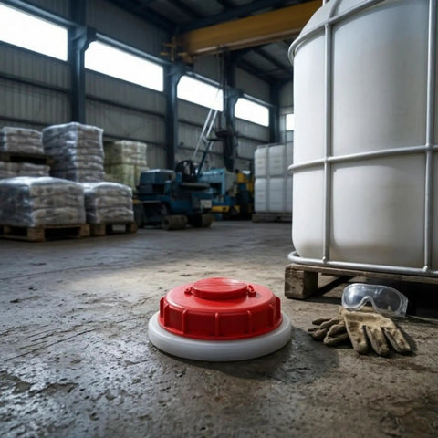 Mycense Ibc Container Lid Replacement Cap For 275 Gallon Tote Barrel Cover placed on a warehouse floor next to gloves and goggles.