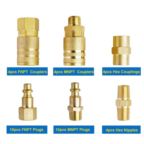 Heavy Duty One Quarter Inch Air Hose Fittings Kit With Storage Case 36 Piece Quick Connect Accessory brass plugs and couplers