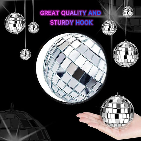 Close-up of shiny silver glass ball from 24 Pcs Mirror Disco Balls Hanging Set In Four Sizes reflecting light, suitable for decor