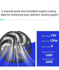 Straight Shot Universal 16 Inch Black Slim Radiator Cooling Fan 12V 100W Push Pull Setup with eight blades and 120W power.