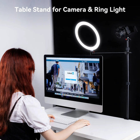Desk Mount Camera Stand With Magic Arm And One Quarter Inch Ball Head Adjustable 13 To 35 Inch Light Stand in use with ring light and DSLR