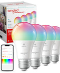 WiFi Color Changing A19 LED Bulbs With Alexa And Google Assistant, No Hub Needed, 75W Equivalent, 800 Lumen, CRI Over 90, RGB Smart Lights For Mood Scenes, Voice Controlled, Set Of 4 displayed with packaging and phone app interface