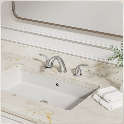 8 Inch Widespread Bathroom Faucet With Two Handles Three Hole Deck Mount In Brushed Nickel Includes Stainless Steel Pop Up Drain Durable Metal Construction Perfect For Modern Vanities And Quick Renovations installed on marble countertop