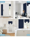 Self Sticky Blackout Curtain Panel For Windows And French Doors No Drill Easy Install Thermal Insulated Light Blocking And Energy Efficient Double Blind Navy 26 By 69 Inches One Panel With Included Straps installed in various rooms viewed from different angles.