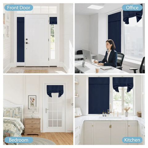 Self Sticky Blackout Curtain Panel For Windows And French Doors No Drill Easy Install Thermal Insulated Light Blocking And Energy Efficient Double Blind Navy 26 By 69 Inches One Panel With Included Straps installed in various rooms viewed from different angles.