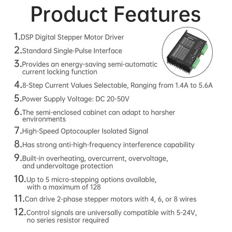 Product features of Powerful Stepper Motor Driver For Nema 17 23 34 Motors, 20 To 50V DC, Up To 5.6A, 4 6 8 Wire, 128 Microstep CNC Controller